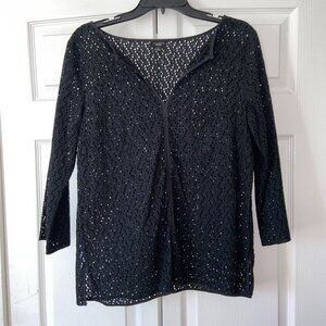 Talbots Small Black Woven Pullover V-Neck 3/4 Sleeve Side Slit Blouse
